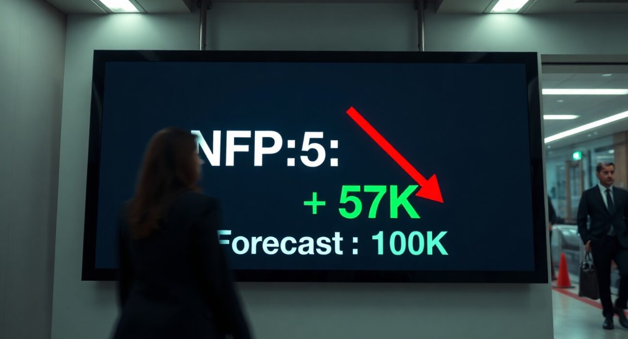 Digital display showing US Nonfarm Payrolls at 57K, missing the 110K forecast, in a financial district lobby