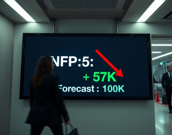 Digital display showing US Nonfarm Payrolls at 57K, missing the 110K forecast, in a financial district lobby