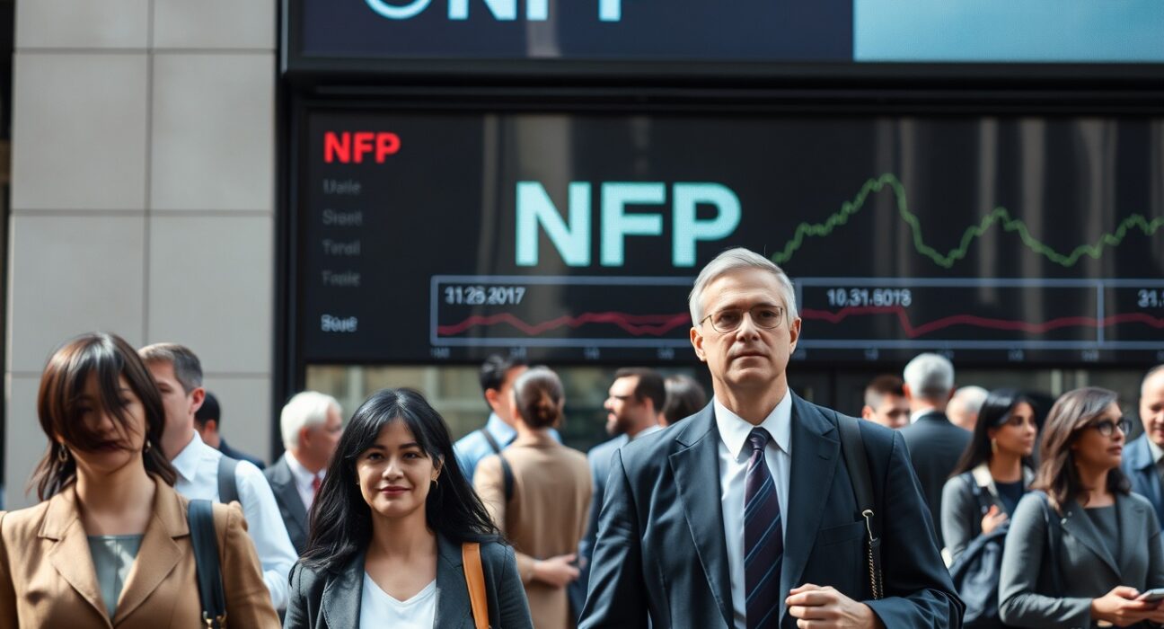 Professionals walking past a digital display showing economic charts and NFP data in a US city
