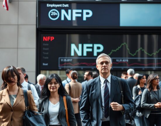 Professionals walking past a digital display showing economic charts and NFP data in a US city