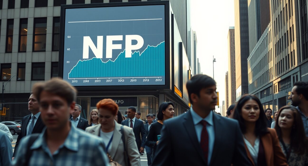 Busy city street with digital billboard showing NFP economic data