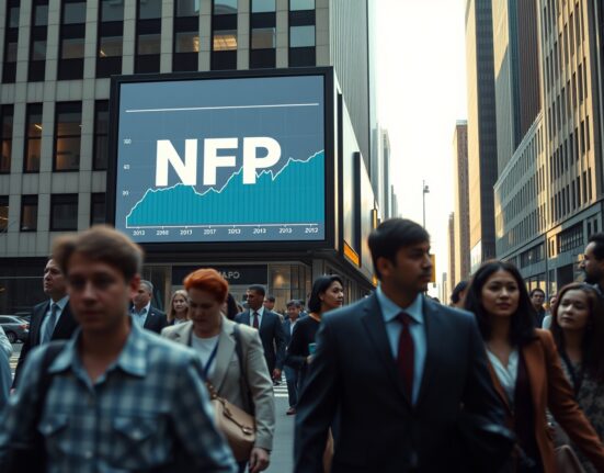 Busy city street with digital billboard showing NFP economic data