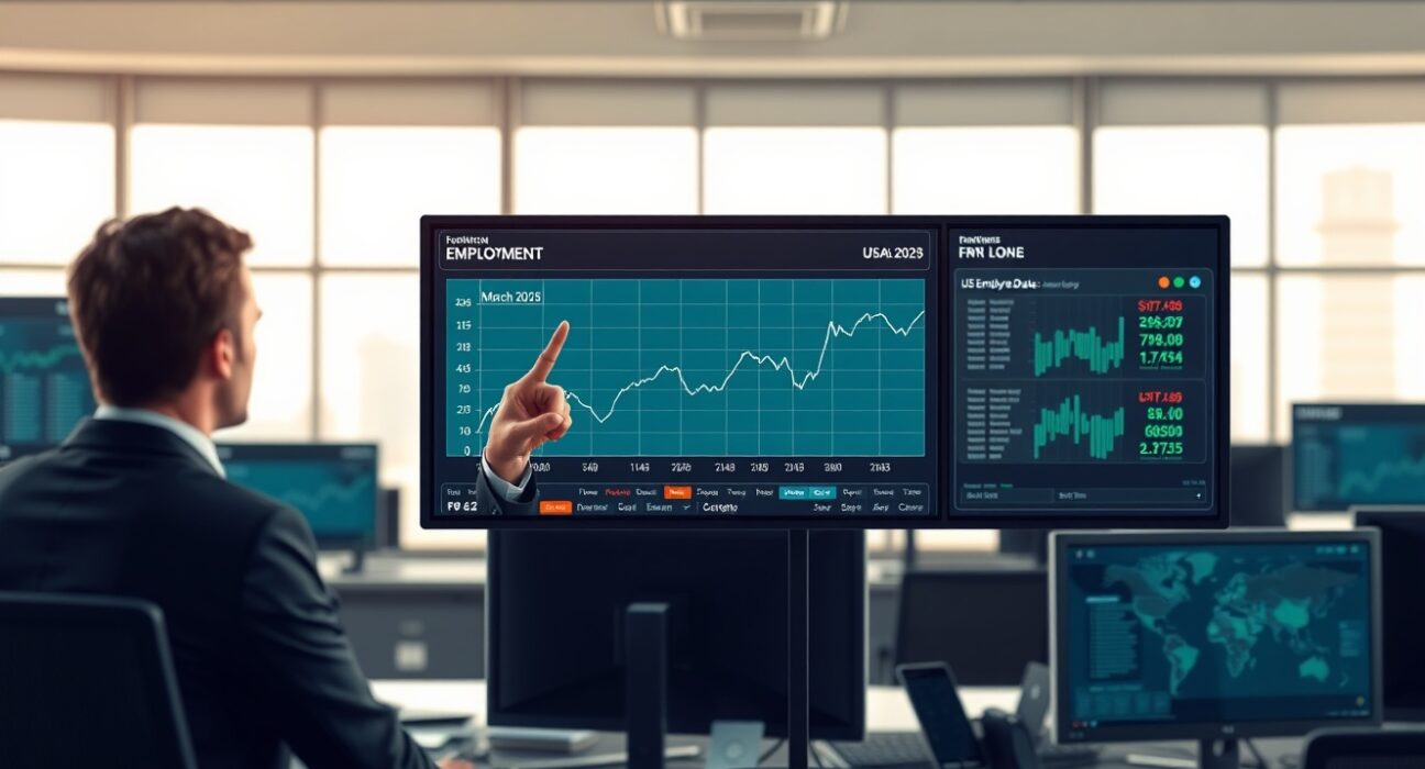 Analyst reviewing US Nonfarm Payrolls data chart for March 2025 employment report.