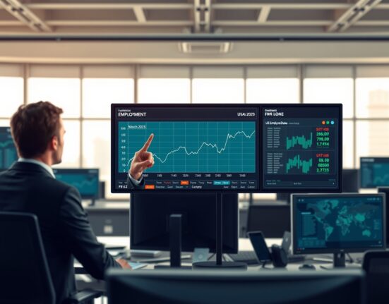 Analyst reviewing US Nonfarm Payrolls data chart for March 2025 employment report.