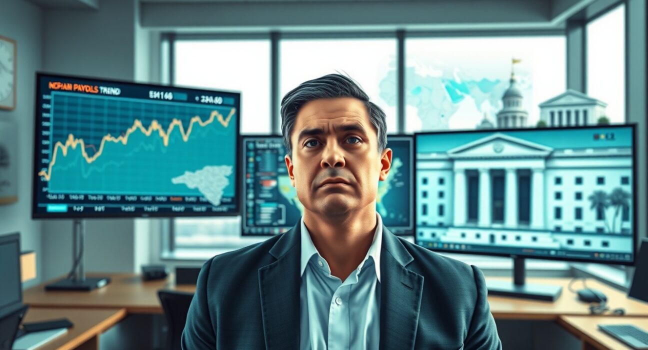 Financial analyst reviewing US Nonfarm Payrolls data and geopolitical maps affecting Federal Reserve decisions