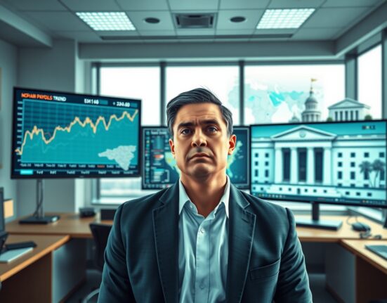 Financial analyst reviewing US Nonfarm Payrolls data and geopolitical maps affecting Federal Reserve decisions