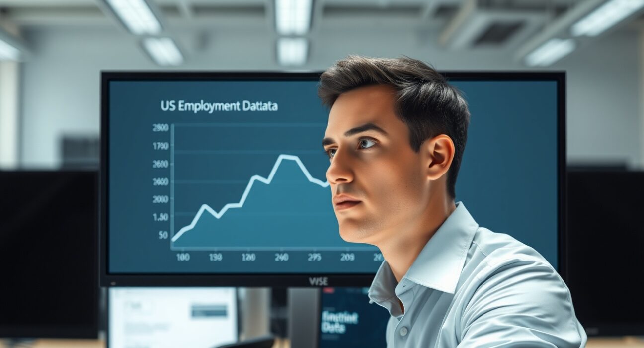 Analyst reviewing the crucial US Nonfarm Payrolls jobs data chart on a monitor.