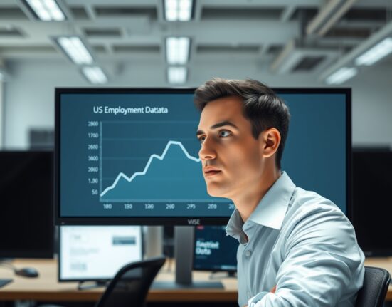 Analyst reviewing the crucial US Nonfarm Payrolls jobs data chart on a monitor.