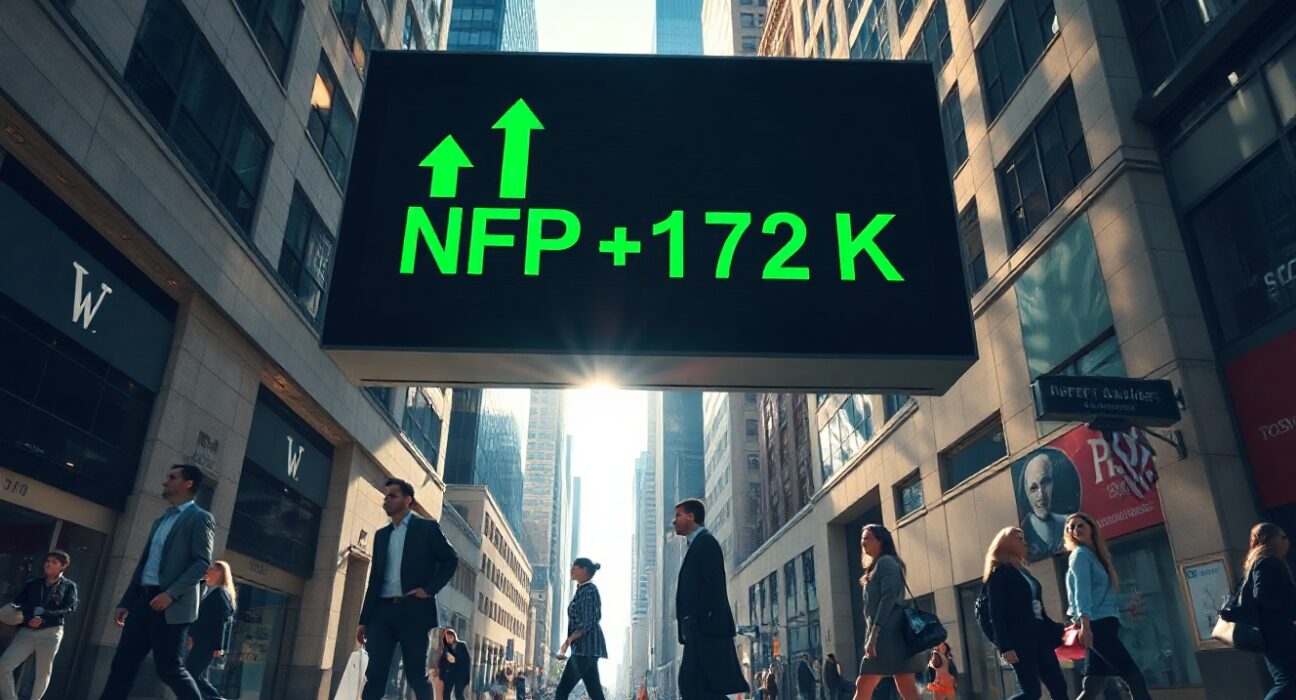 Professionals walking past a digital stock board showing NFP +172K in a sunlit city street