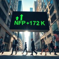 Professionals walking past a digital stock board showing NFP +172K in a sunlit city street