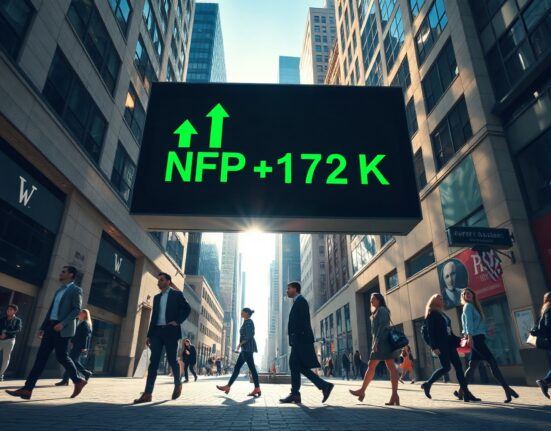 Professionals walking past a digital stock board showing NFP +172K in a sunlit city street