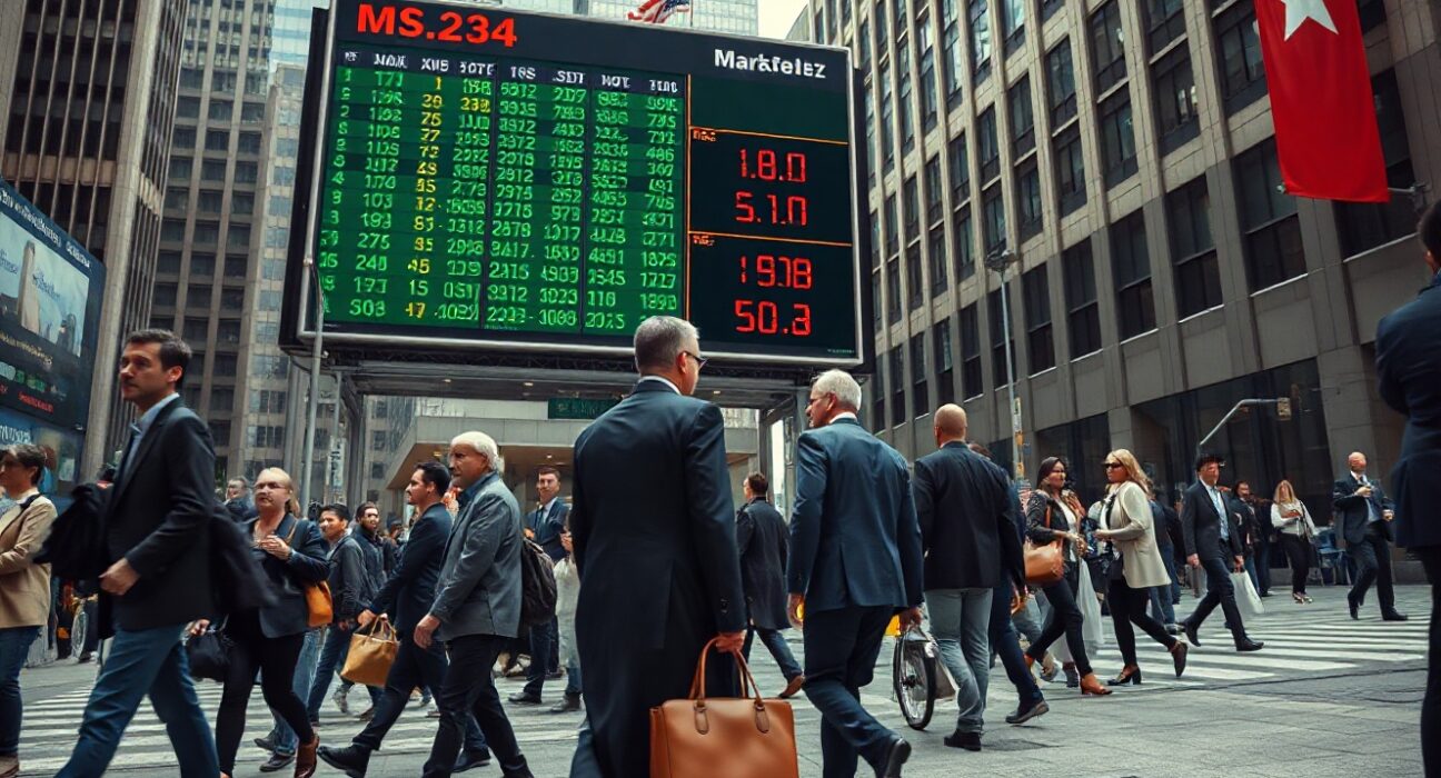Busy city street with stock market board reflecting economic uncertainty ahead of jobs report