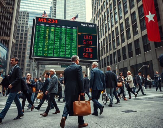 Busy city street with stock market board reflecting economic uncertainty ahead of jobs report
