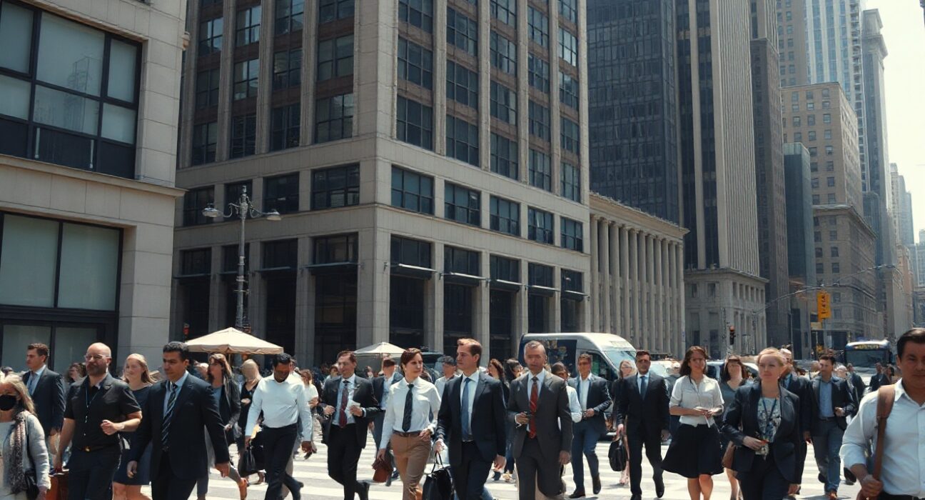Workers walking in a US city financial district, representing the labor market ahead of the Nonfarm Payrolls report.
