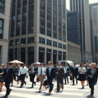 Workers walking in a US city financial district, representing the labor market ahead of the Nonfarm Payrolls report.