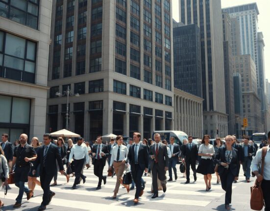 Workers walking in a US city financial district, representing the labor market ahead of the Nonfarm Payrolls report.