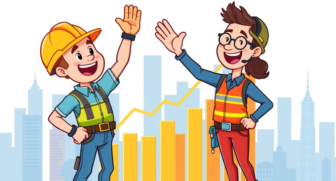 Cartoon illustration celebrating strong US non-farm payrolls growth with workers and charts