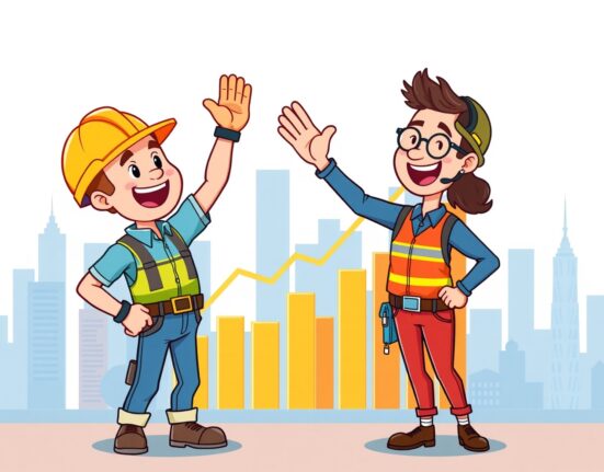 Cartoon illustration celebrating strong US non-farm payrolls growth with workers and charts