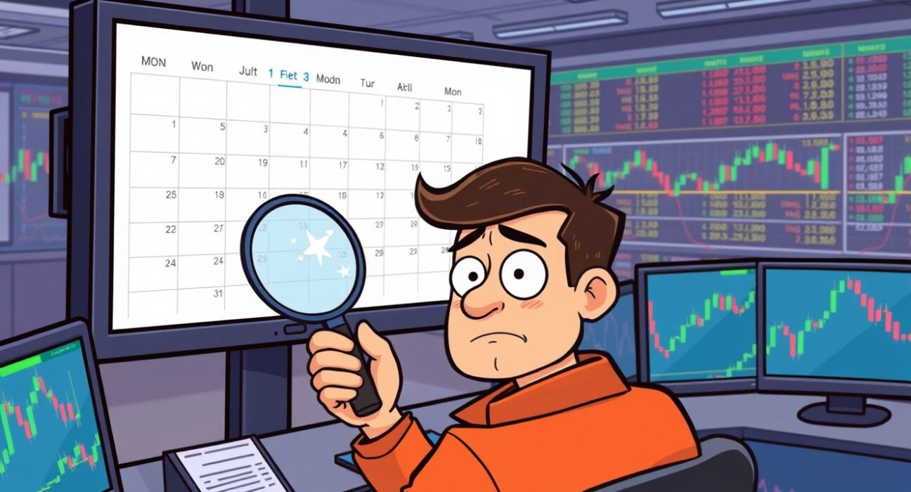 Cartoon trader searching for missing US October PPI data with cryptocurrency charts in background