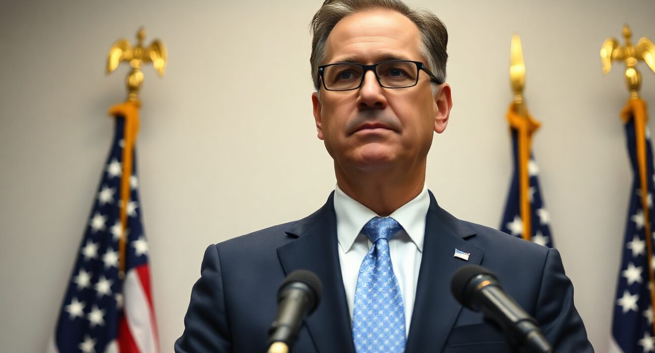 U.S. official speaking at a press briefing podium with American flags in background