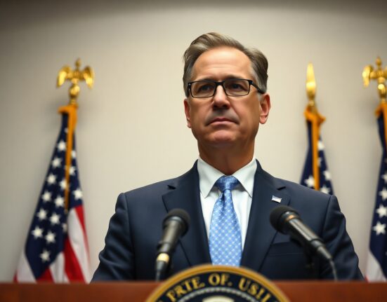 U.S. official speaking at a press briefing podium with American flags in background