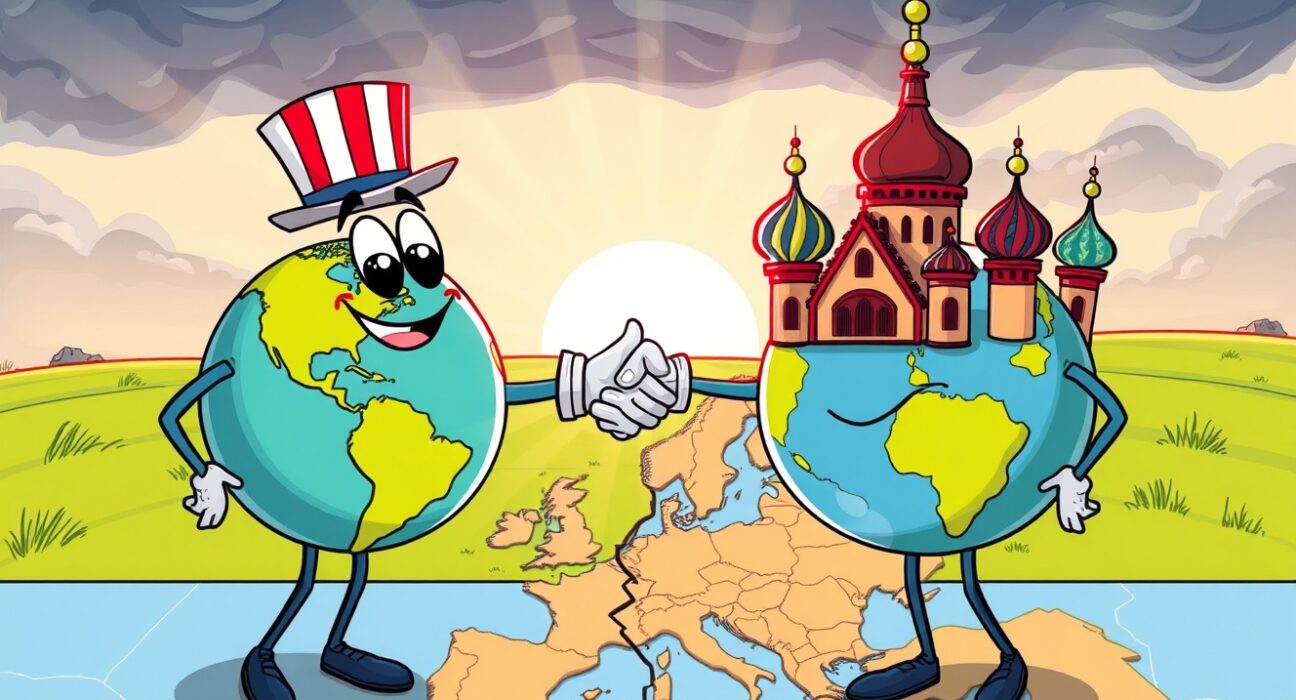Cartoon illustration symbolizing the Russia-Ukraine issue resolved through diplomatic handshake over a map.