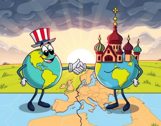 Cartoon illustration symbolizing the Russia-Ukraine issue resolved through diplomatic handshake over a map.
