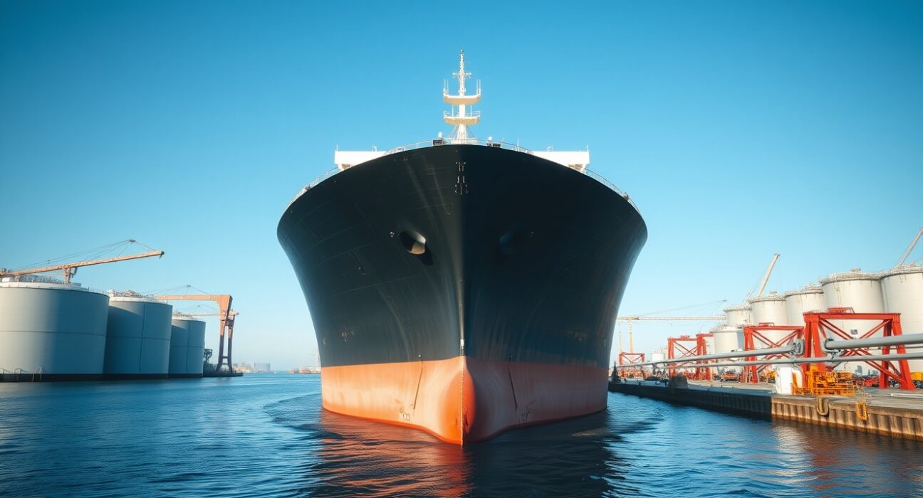Oil tanker loading at US port terminal under clear sky, representing rising US crude exports.