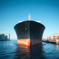 Oil tanker loading at US port terminal under clear sky, representing rising US crude exports.