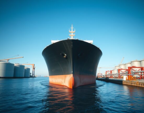 Oil tanker loading at US port terminal under clear sky, representing rising US crude exports.