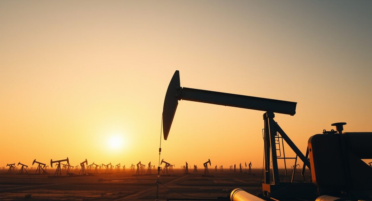 Oil pumpjacks and drilling rigs in the Permian Basin at sunset, representing record US crude production.
