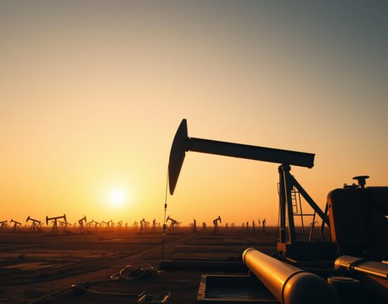 Oil pumpjacks and drilling rigs in the Permian Basin at sunset, representing record US crude production.