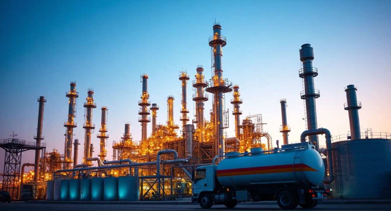 Oil refinery at dusk with storage tanks and fuel truck, representing U.S. energy and inflation pressures