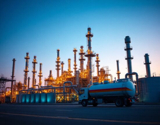 Oil refinery at dusk with storage tanks and fuel truck, representing U.S. energy and inflation pressures