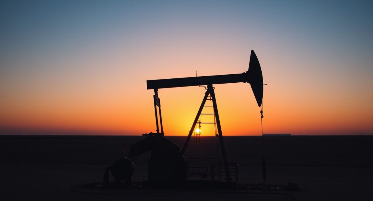 Oil drilling rig on a plain at sunset, representing US energy production activity.