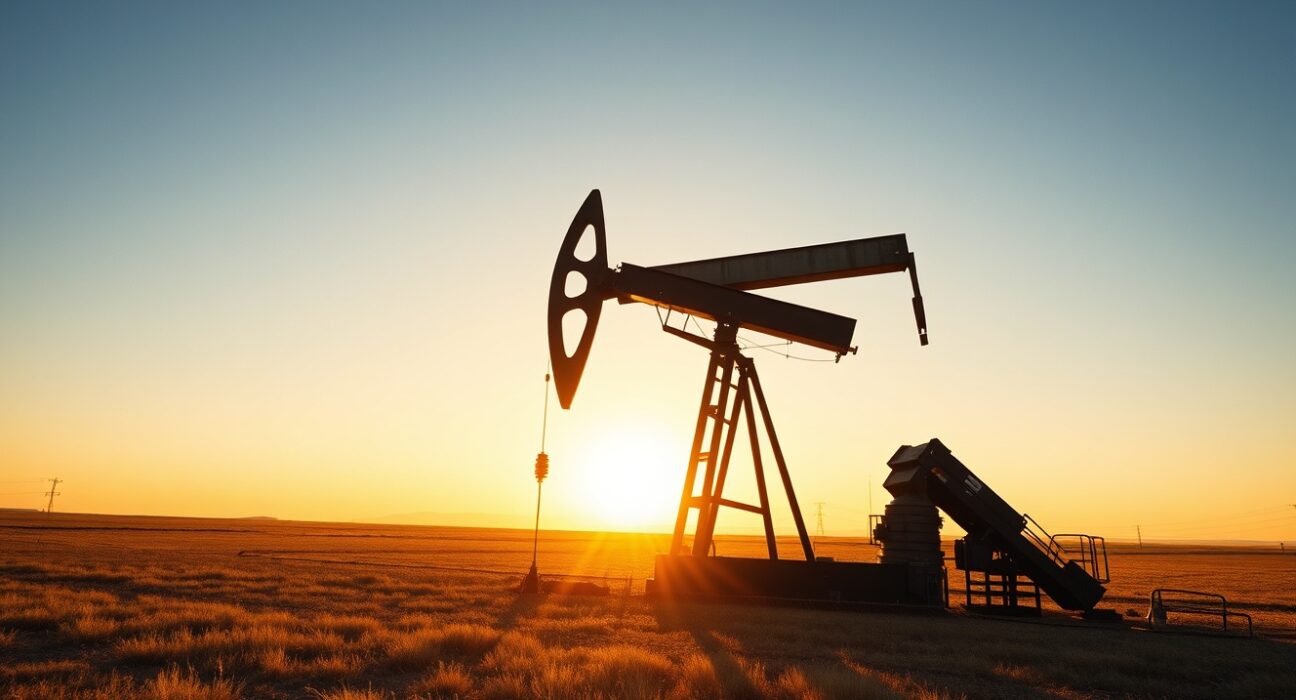 Oil drilling rig at sunset in a field, representing US energy activity.