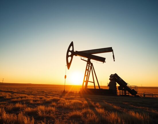 Oil drilling rig at sunset in a field, representing US energy activity.