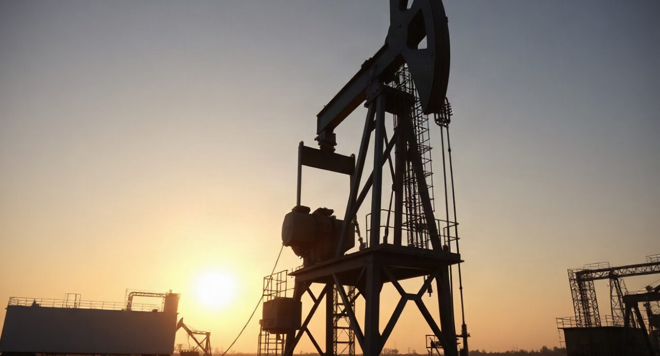 Oil drilling rig against a clear sky, representing US oil and gas activity