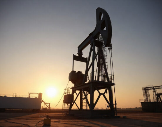 Oil drilling rig against a clear sky, representing US oil and gas activity