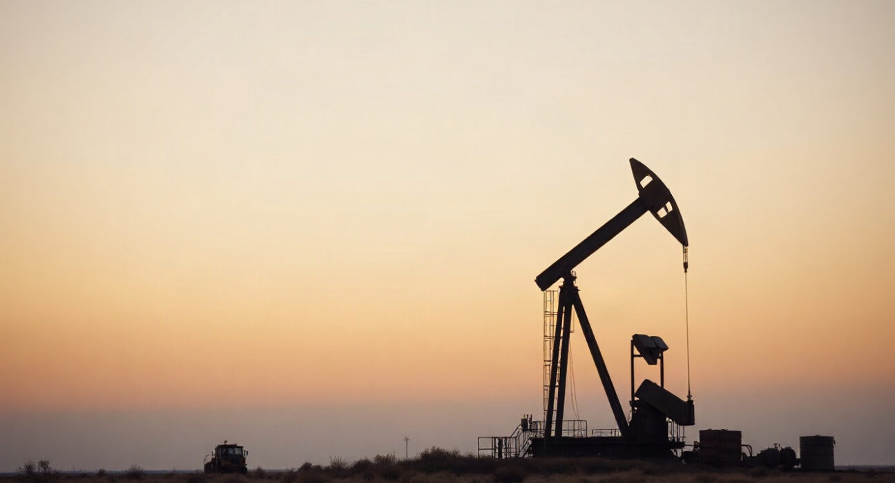 Oil drilling rig against dusk sky, representing US oil rig count data