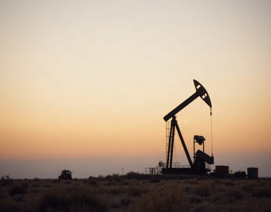 Oil drilling rig against dusk sky, representing US oil rig count data