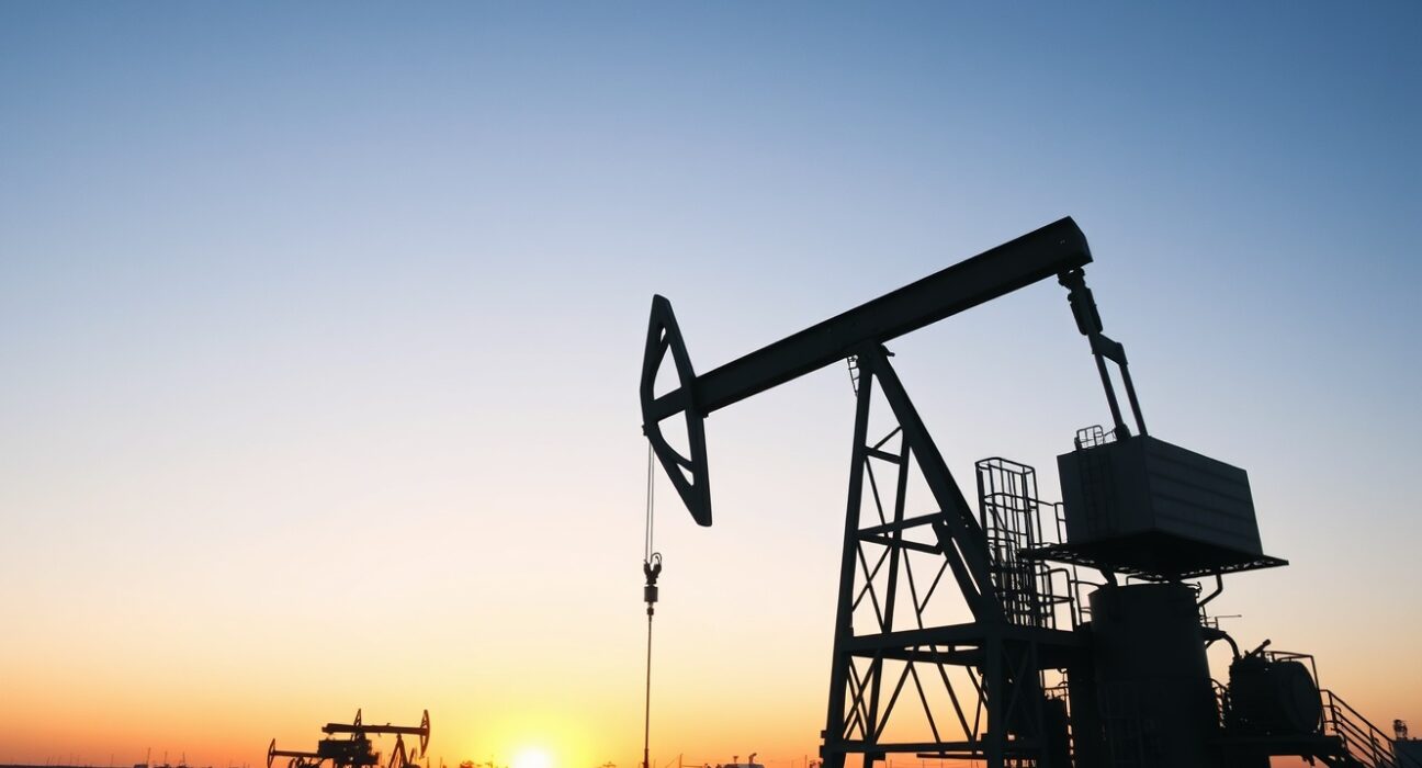 Oil drilling rig against a sunset sky in an open field, representing US drilling activity.