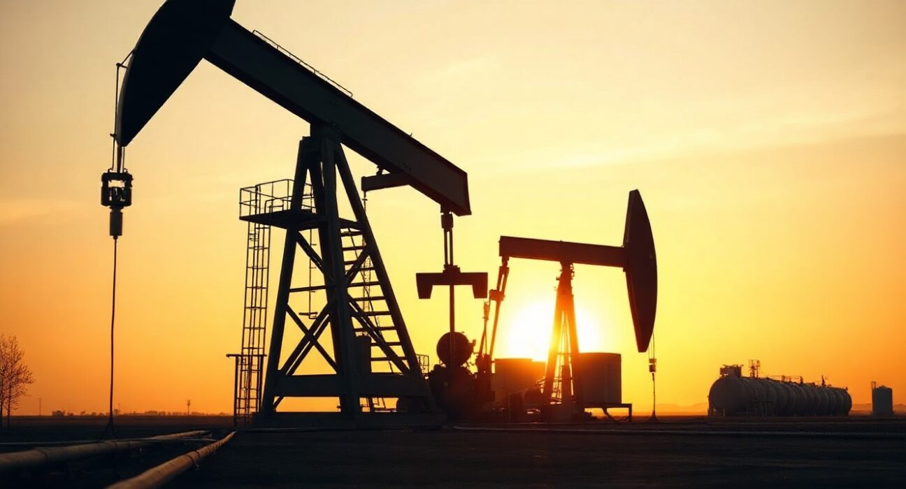 Oil drilling rig silhouetted against a sunset sky in an onshore field