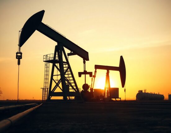 Oil drilling rig silhouetted against a sunset sky in an onshore field