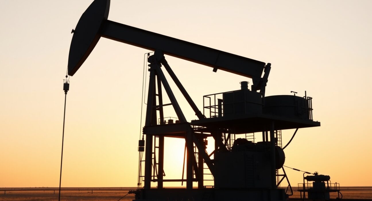 Oil drilling rig at sunset on open landscape representing US energy production activity