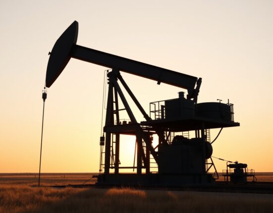 Oil drilling rig at sunset on open landscape representing US energy production activity