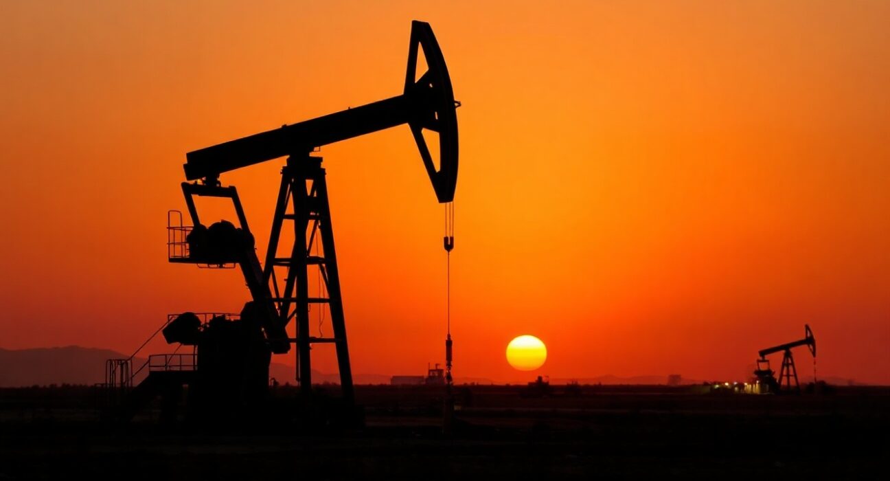 Oil drilling rig at dusk on a plain, symbolizing US drilling activity.