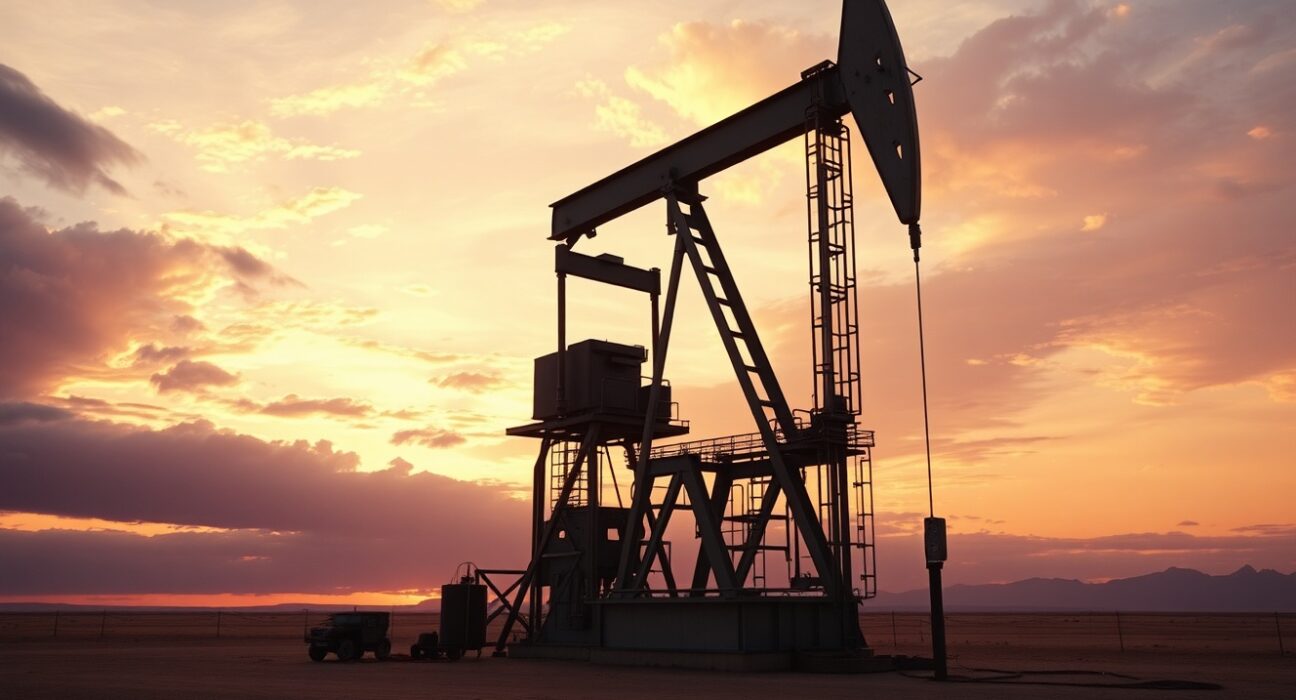 Oil drilling rig at sunset in a desert landscape representing steady US drilling activity