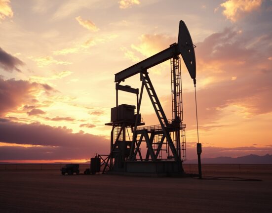 Oil drilling rig at sunset in a desert landscape representing steady US drilling activity