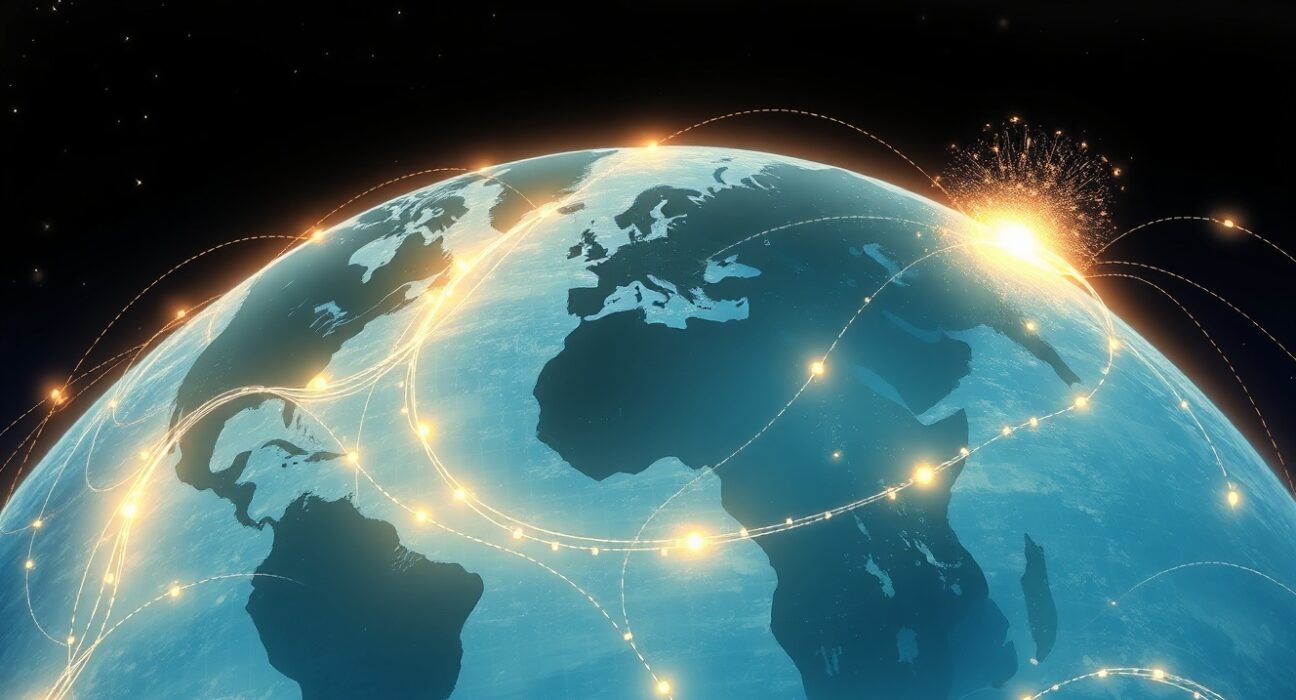 Global data flows and data sovereignty laws conflict illustrated in a symbolic landscape.